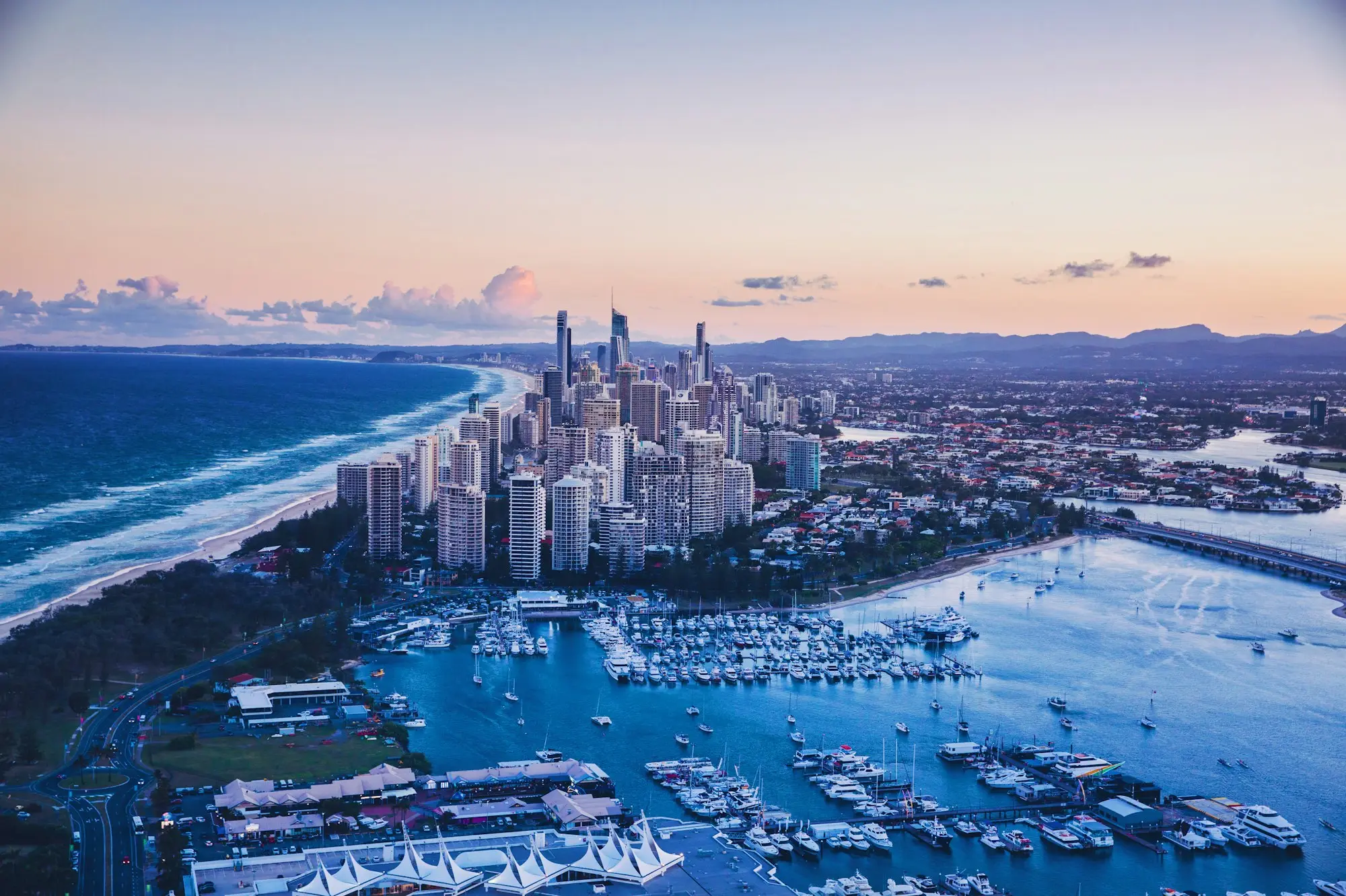 Surfers Paradise high-rises and the Gold Coast Broadwater from the air